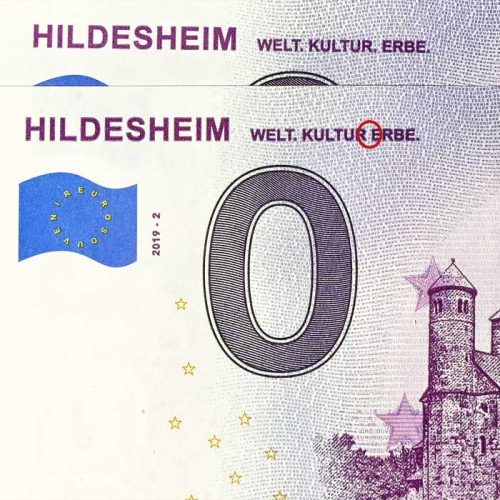 0-Euro-Schein Hildesheim Fehldruck WELT. KULTUR. ERBE.